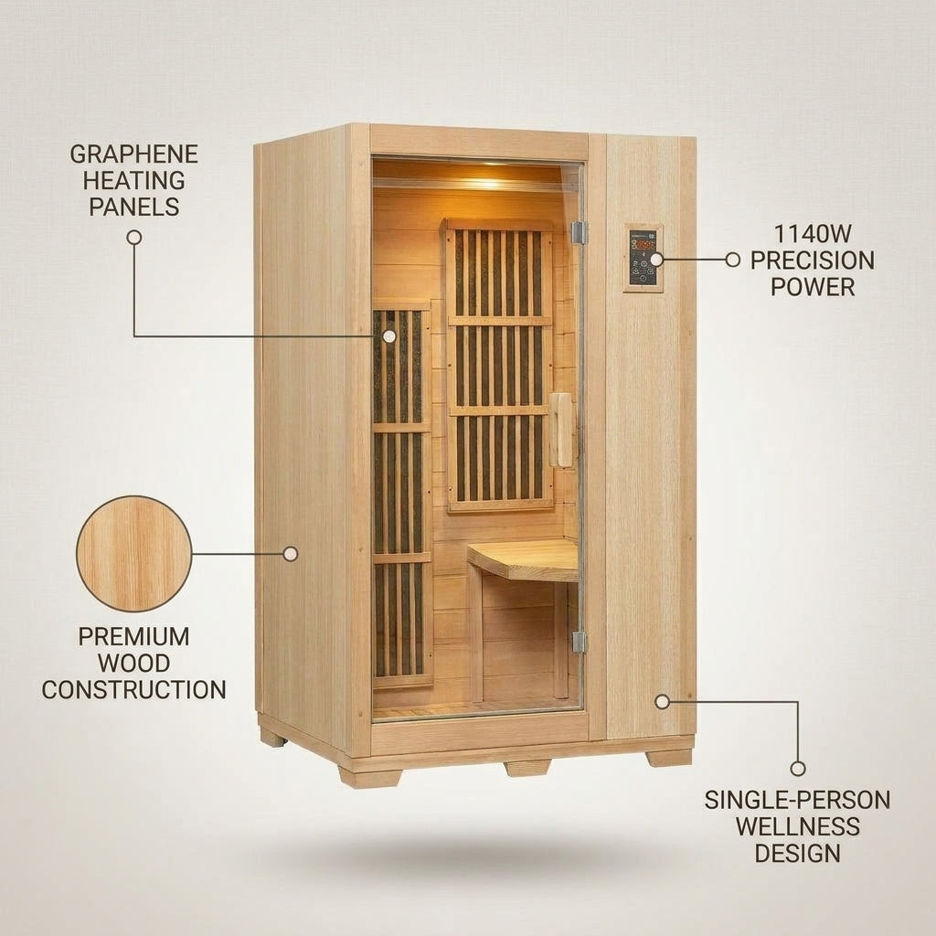 Infrared Sauna Built for Home Wellness, Graphene Heating Panels, 1140W Power, Premium Wood Construction — infographic