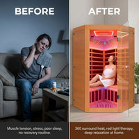 Multifunctional 2-3 Person Infrared Sauna for Home, 2180W Indoor Sauna with 7-Color LED Ambient Light, Red Light Feature, Oxygen Bar, Dual Bluetooth Speakers, 360° Surround Heating — Before & After