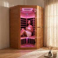 Multifunctional 2-3 Person Infrared Sauna for Home, 2180W Indoor Sauna with 7-Color LED Ambient Light, Red Light Feature, Oxygen Bar, Dual Bluetooth Speakers, 360° Surround Heating — Lifestyle